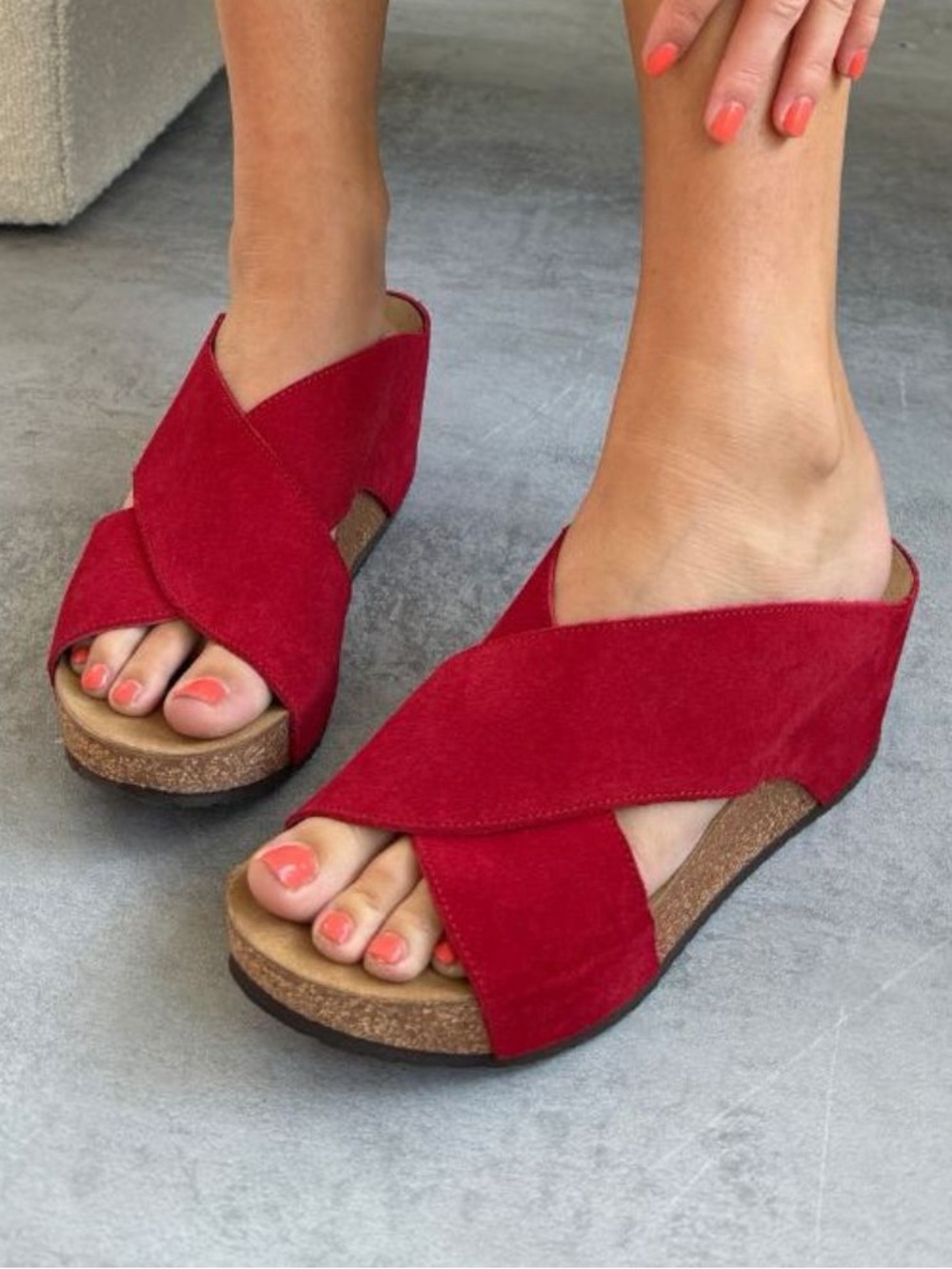 Yokono Red Leather Suede Wedge Slide Sandals Sz-6.5.  V